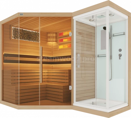 Четырехместная угловая финская сауна Luxury из кедра с Душевой кабиной