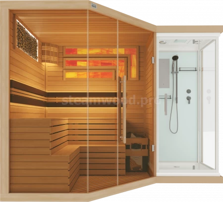 Четырехместная угловая финская сауна Luxury из кедра с Душевой кабиной